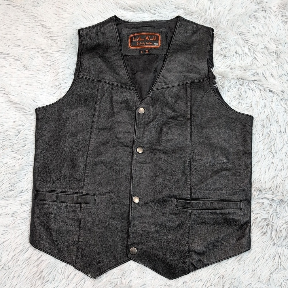 Vintage Leather World Vest Mens S Black Leather Snap Up Motorcycle Eagle USA‎